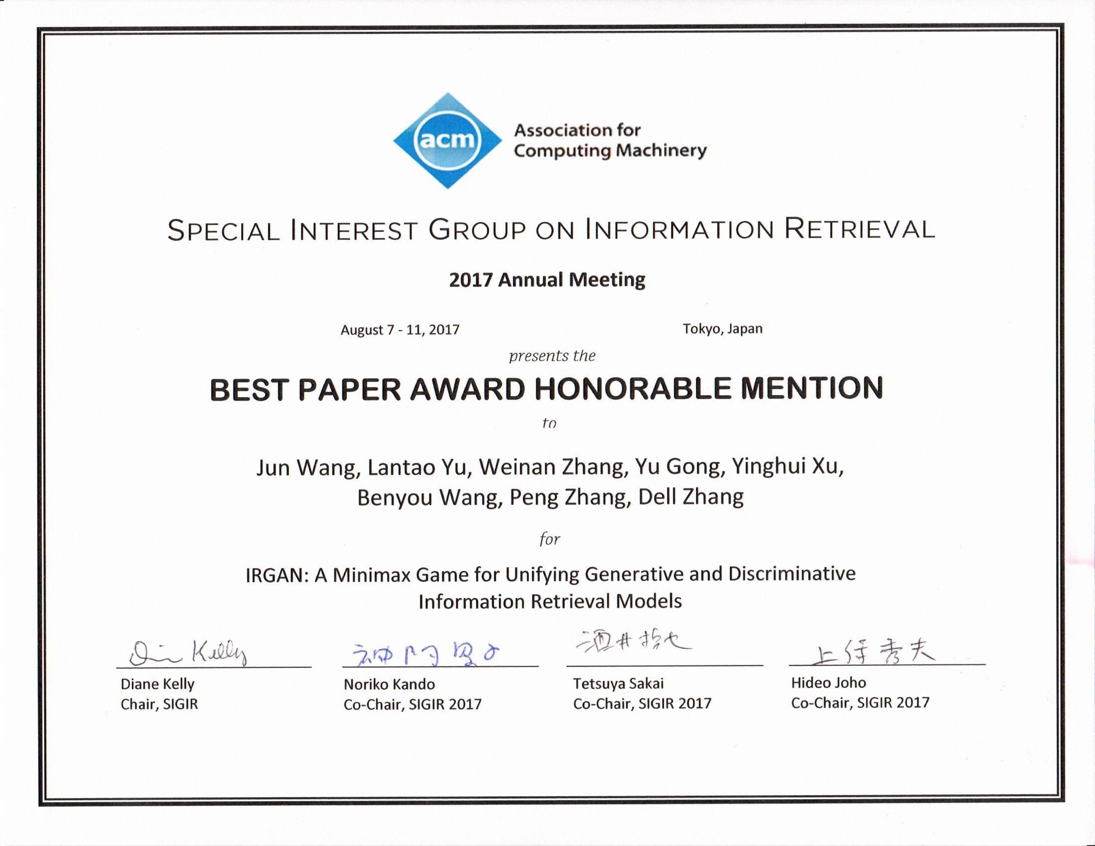 SIGIR 2017 Best Paper Award Honorable Mention